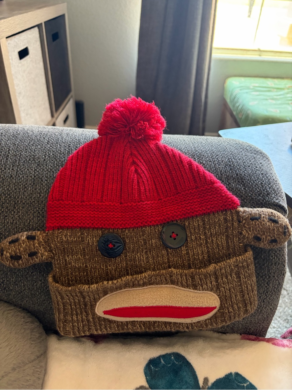 Knit Monkey Beanie Hat with Pom Pom - Brown & Red Sock Monkey